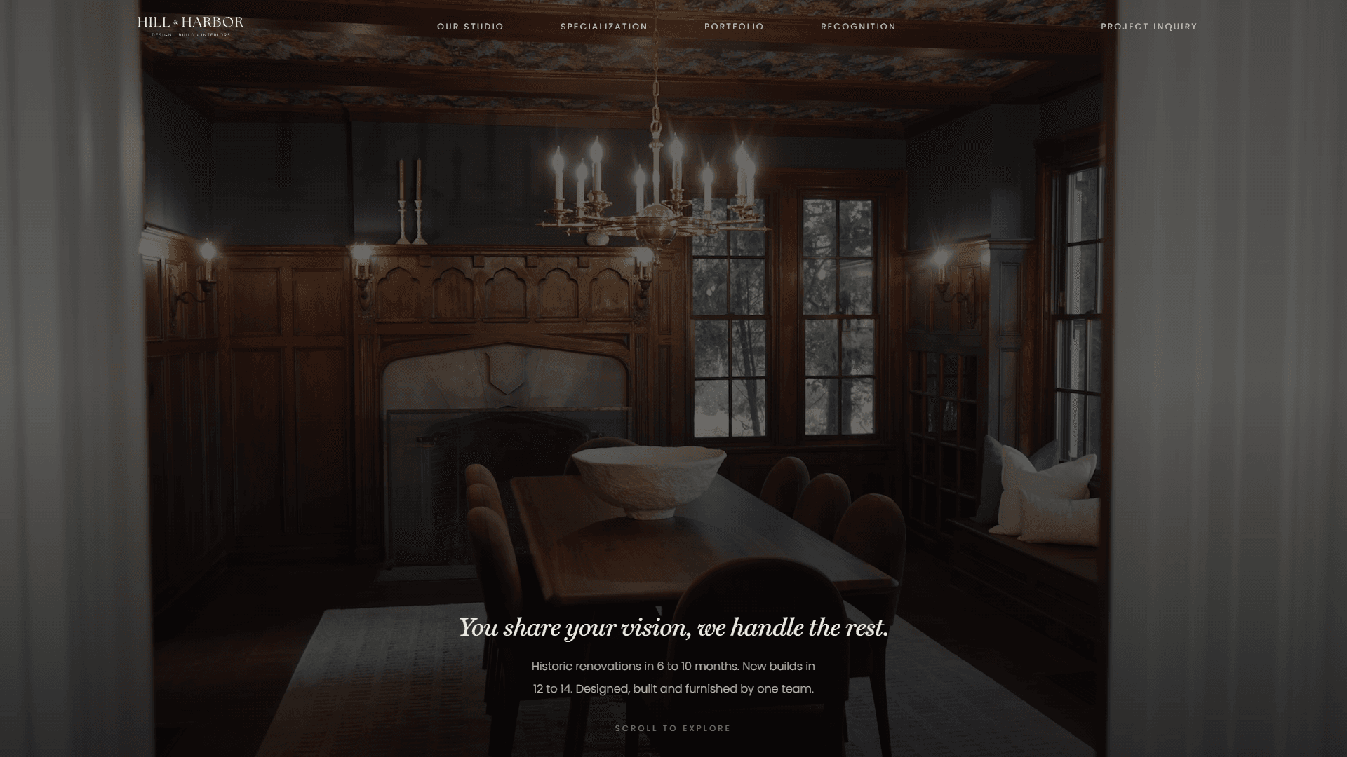 Hill & Harbor homepage hero on the launched Velum site