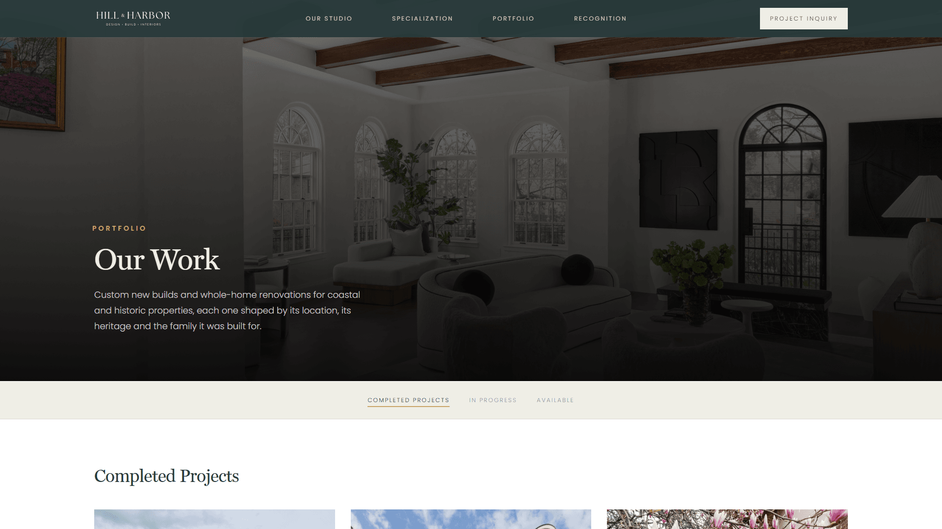 Hill & Harbor portfolio page showing completed projects